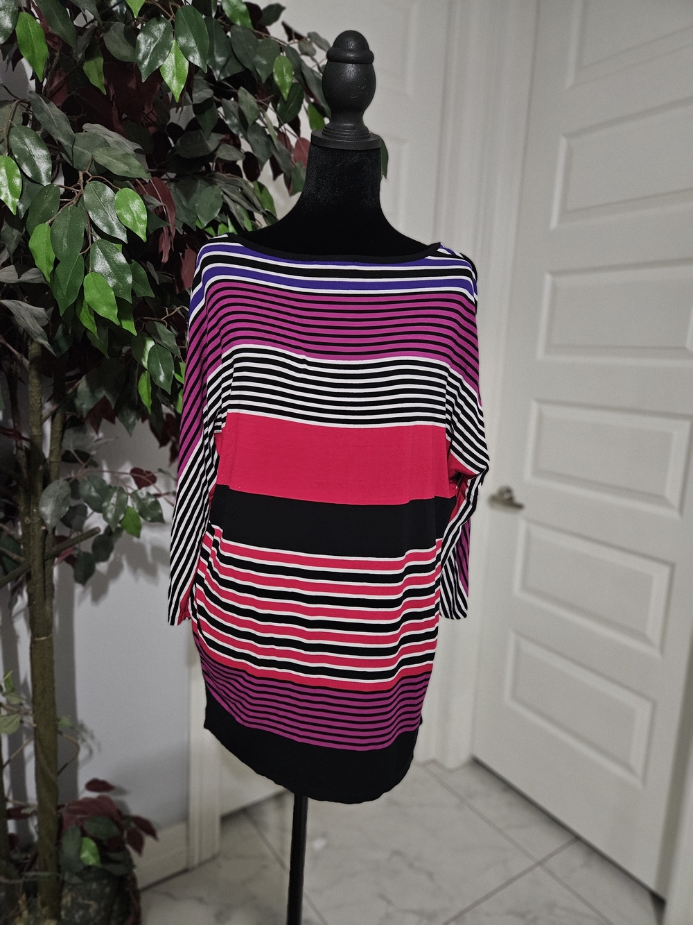 Chaus Sport Striped Boatneck Dolman Blouse in Pink and Black